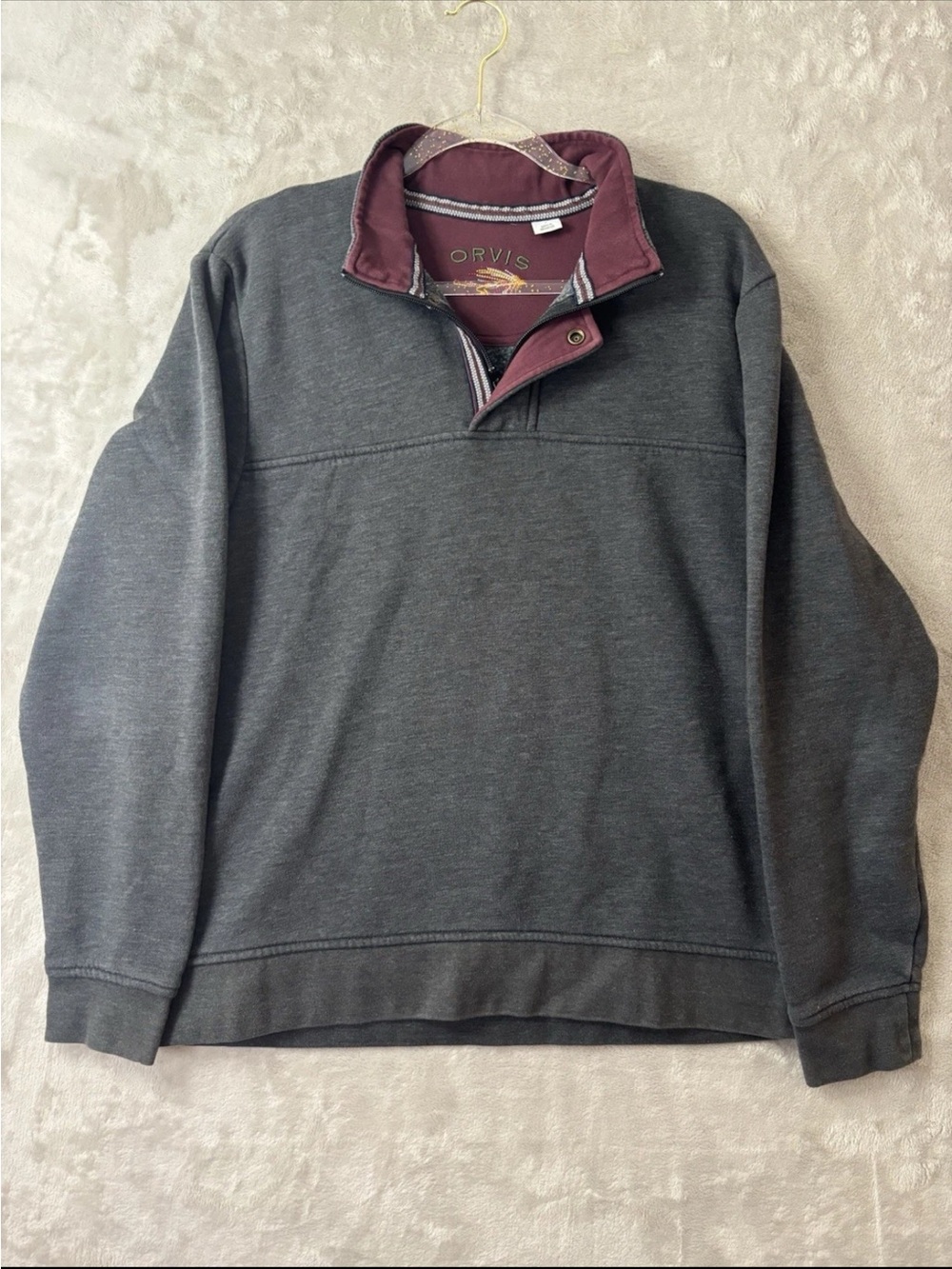 Orvis Sweatshirt 1/4 Zip Snap Mock Neck  Pullover Mens Large Gray Top Fleece